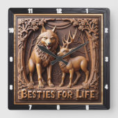 Wolf Deer Pair Wood Carving Vierkante Klok (Voorkant)