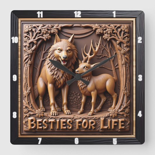 Wolf Deer Pair Wood Carving Vierkante Klok (Voorkant)