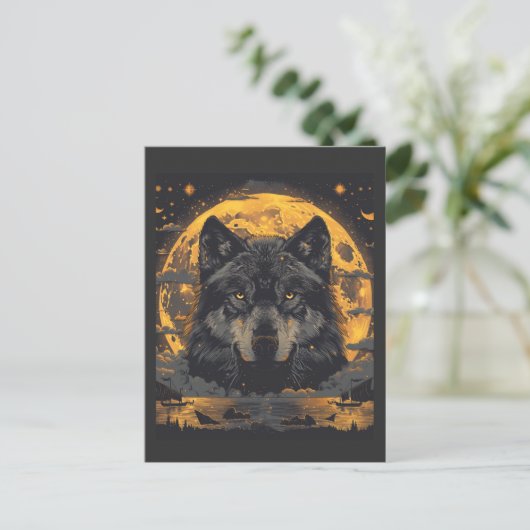 Wolf Design Briefkaart met Full Moon Stars (Staand voorkant)