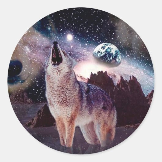 Wolf die door het universum glijdt ronde sticker (Voorkant)