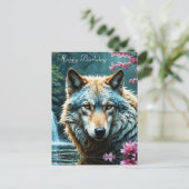 Wolf die in de rivier staat met bloemen Verjaardag Briefkaart (Staand voorkant)