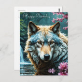 Wolf die in de rivier staat met bloemen Verjaardag Briefkaart (Voorkant / Achterkant)