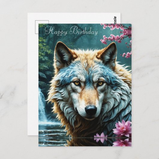 Wolf die in rivier staat met bloemen Verjaardag Briefkaart (Voorkant / Achterkant)