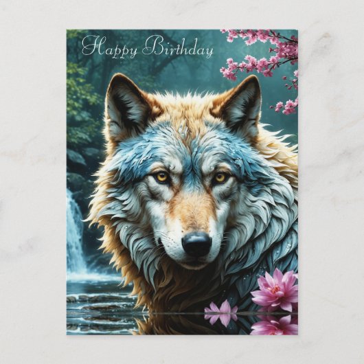 Wolf die in rivier staat met bloemen Verjaardag Briefkaart (Voorkant)