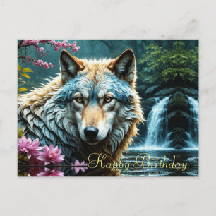 Wolf die in rivier staat met bloemen Verjaardag Briefkaart