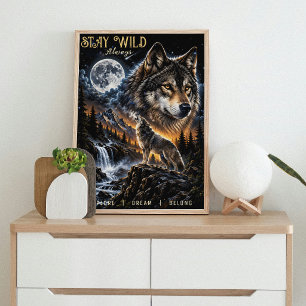 Wolf die naar de maan huilt Bos natuur natuur  Poster