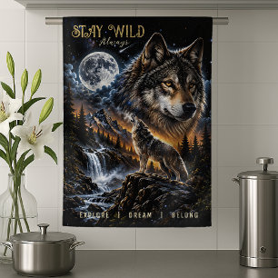 Wolf die naar de maan huilt Bos natuur natuur Theedoek