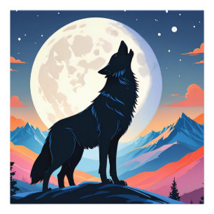 Wolf die naar de maan huilt foto afdruk