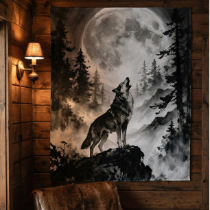 Wolf die naar de maan huilt Tapijt   Donker Woud Wandkleed