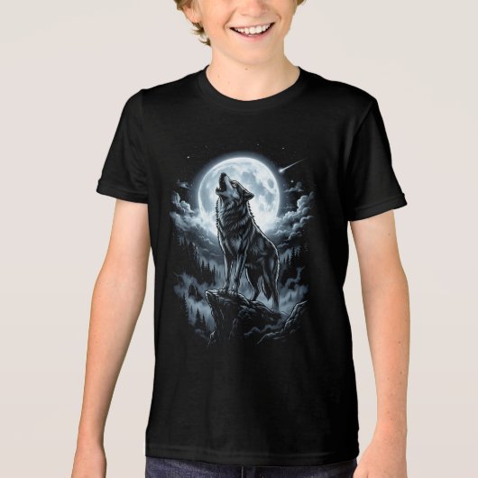 Wolf die naar de maan huilt Tri-Blend shirt (Voorkant)