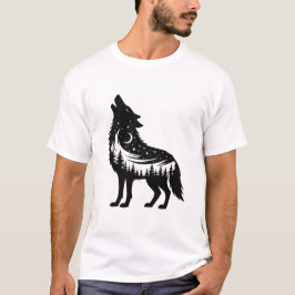 Wolf die naar de sterren en de maan in het bos hui t-shirt