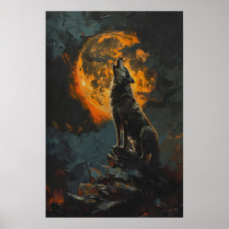 Wolf die naar een oranje volle maan huilt Afdrukba Poster