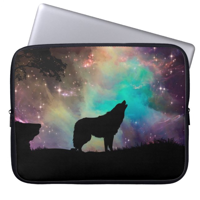 Wolf die naar het universum kijkt laptop sleeve (Voorkant)