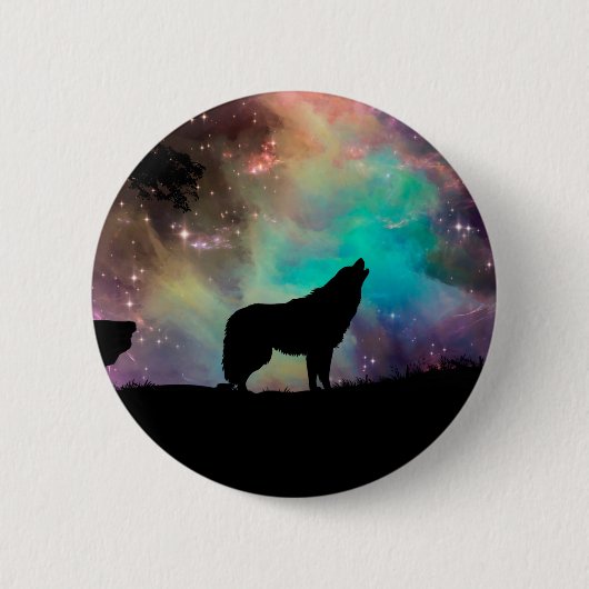 Wolf die naar het universum kijkt ronde button 5,7 cm (Voorkant)