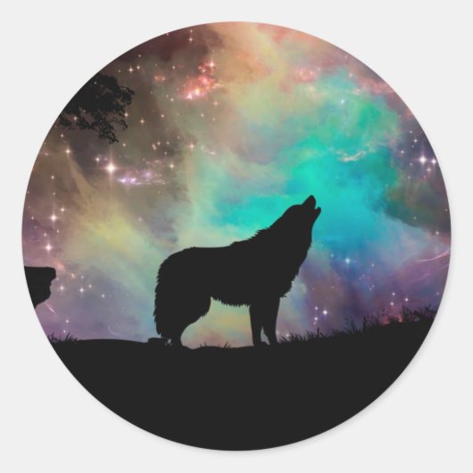 Wolf die naar het universum kijkt ronde sticker (Voorkant)