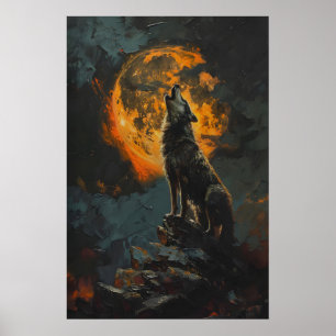 Wolf die naar oranje volle maan huilt Printbare Ma Poster