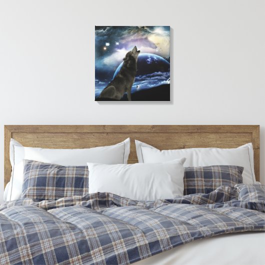 Wolf die op de maan huilt canvas afdruk (Insitu (Slaapkamer))