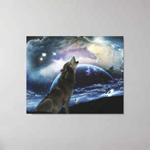 Wolf die op de maan huilt canvas afdruk
