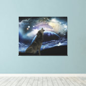 Wolf die op de maan huilt canvas afdruk (Insitu (Houten vloer))