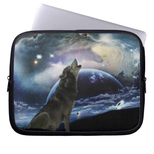 Wolf die op de maan huilt laptop sleeve (Voorkant)