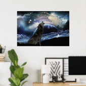 Wolf die op de maan huilt poster (Thuiskantoor)