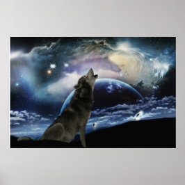 Wolf die op de maan huilt poster