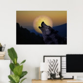 Wolf die op de maan huilt poster (Thuiskantoor)