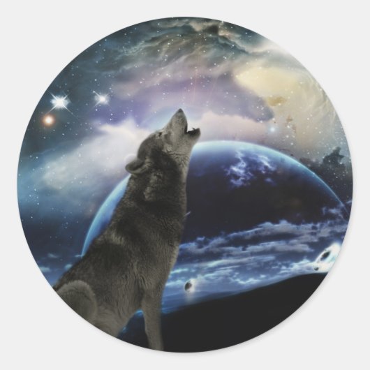 Wolf die op de maan huilt ronde sticker (Voorkant)