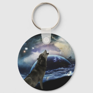 Wolf die op de maan huilt sleutelhanger