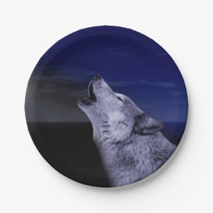 Wolf die op de maan in het zee gijzelt papieren bordje