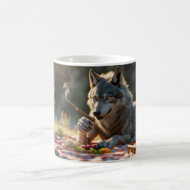 wolf die sigaar rookt en een picknick heeft koffiemok