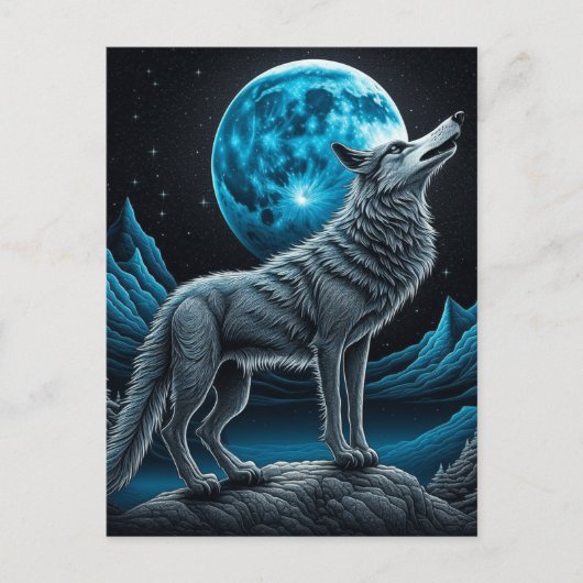 Wolf die voor de volle maan staat | AI-art Briefkaart (Voorkant)