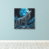 Wolf die voor de volle maan staat | AI-art Canvas Afdruk (Insitu (Houten vloer))