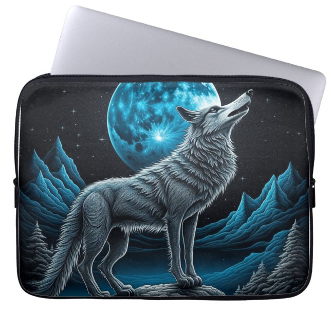 Wolf die voor de volle maan staat | AI-art Laptop Sleeve (Voorkant)