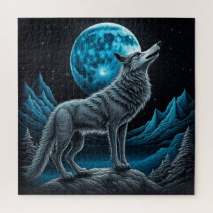 Wolf die voor de volle maan staat   AI-art Legpuzzel