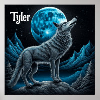 Wolf die voor de volle maan staat | AI-art