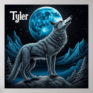 Wolf die voor de volle maan staat   AI-art Poster