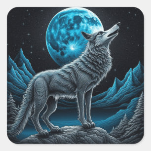 Wolf die voor de volle maan staat   AI-art Vierkante Sticker