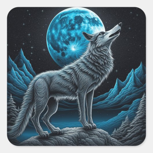 Wolf die voor de volle maan staat | AI-art Vierkante Sticker (Voorkant)