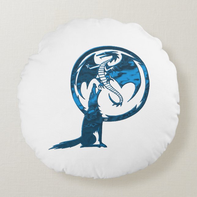 Wolf & Dragon Blue-ronde katoenkussens Rond Kussen (Voorkant)