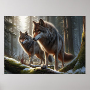 Wolf Duo in Forest 3D Look   Verbluffende Natuur Poster