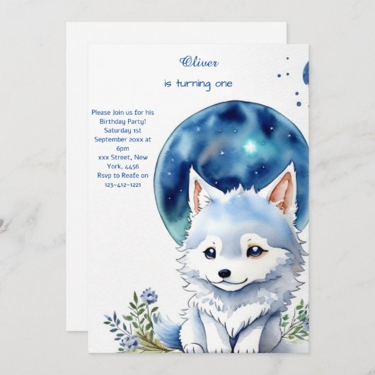 Wolf eerste verjaardag uitnodiging (Voorkant / Achterkant)