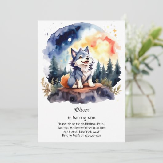 Wolf eerste verjaardag uitnodiging (Staand voorkant)