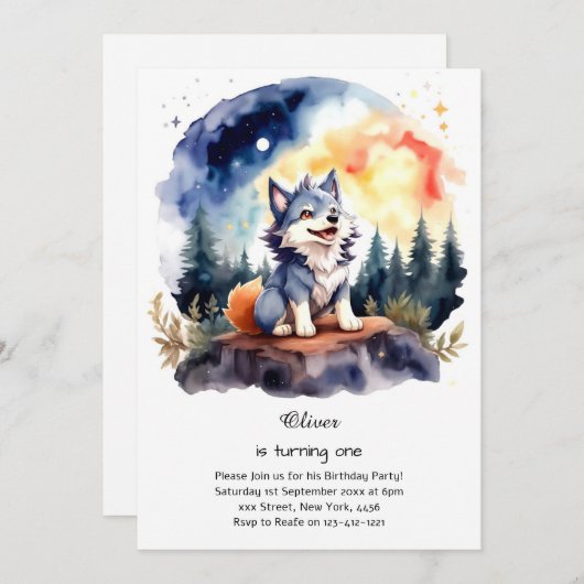 Wolf eerste verjaardag uitnodiging (Voorkant / Achterkant)