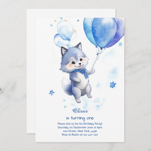 Wolf eerste verjaardag uitnodiging (Voorkant / Achterkant)