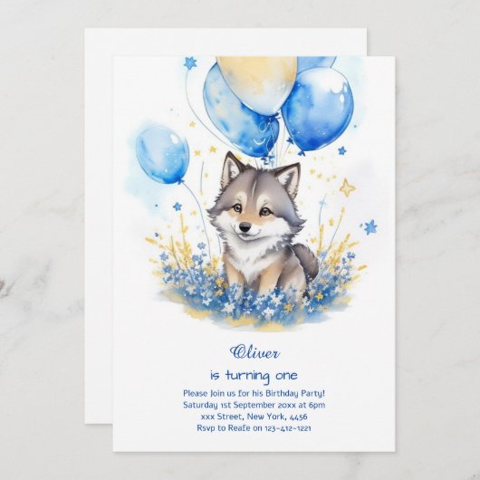 Wolf eerste verjaardag uitnodiging (Voorkant / Achterkant)