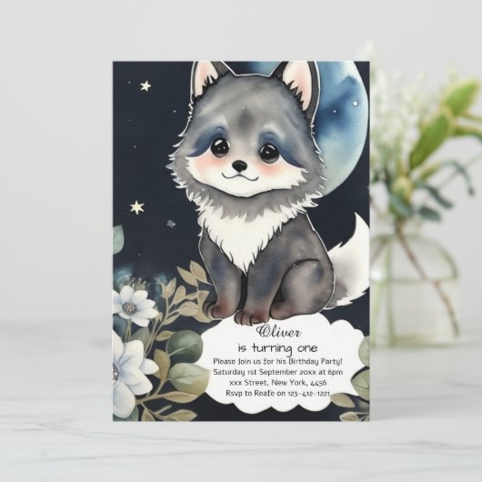 Wolf eerste verjaardag uitnodiging (Staand voorkant)