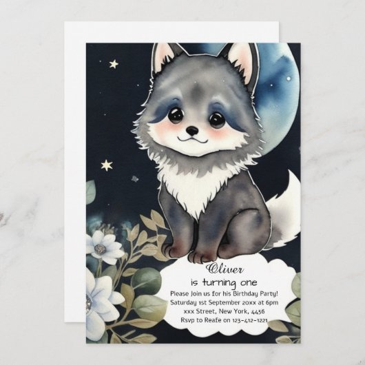 Wolf eerste verjaardag uitnodiging (Voorkant / Achterkant)