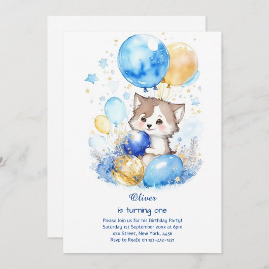 Wolf eerste verjaardag uitnodiging (Voorkant / Achterkant)
