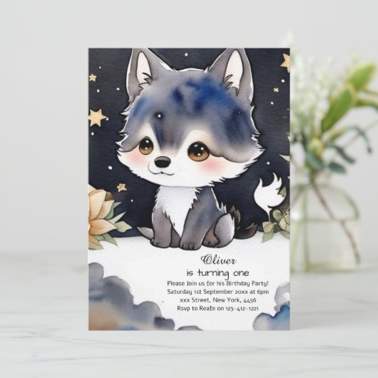 Wolf eerste verjaardag uitnodiging (Staand voorkant)